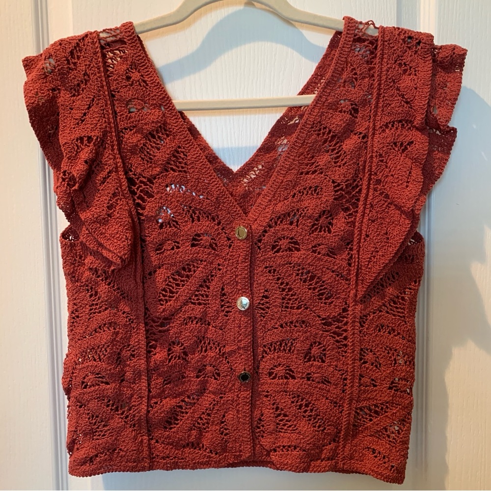 WHITE HOUSE BLACK MARKET Women’s Crochet Ruffle Sleeve Sweater Top XS - Picture 8 of 13